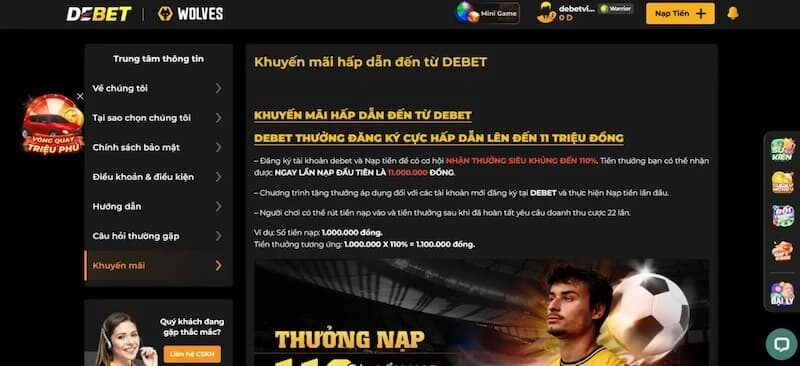 Debet hỗ trợ người chơi nhiều khuyến mãi giá trị 
