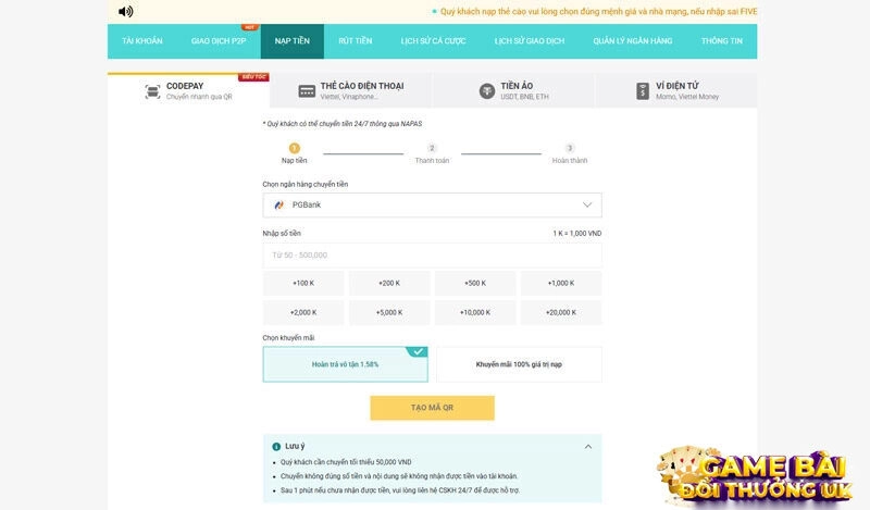 Giao diện nạp tiền Five88