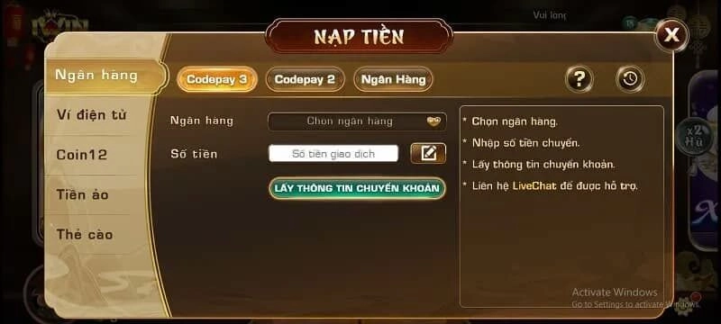 Nạp tiền iWin qua ngân hàng 